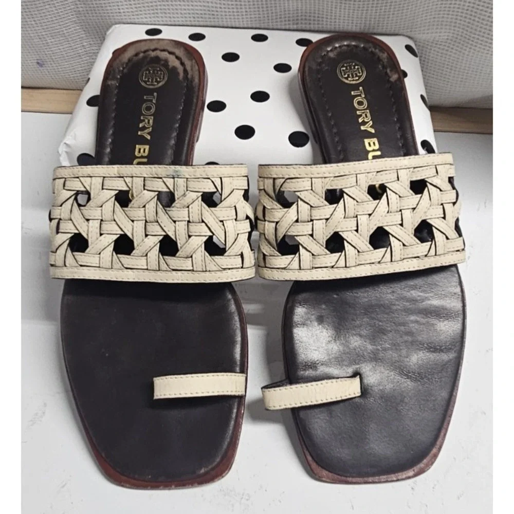 Tory Burch basket‎ weave slide sandals cream leather upper US 7M